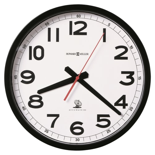 Howard Miller® Accuwave II Wall Clock, White Dial with Black Arabic Numerals, Black Case